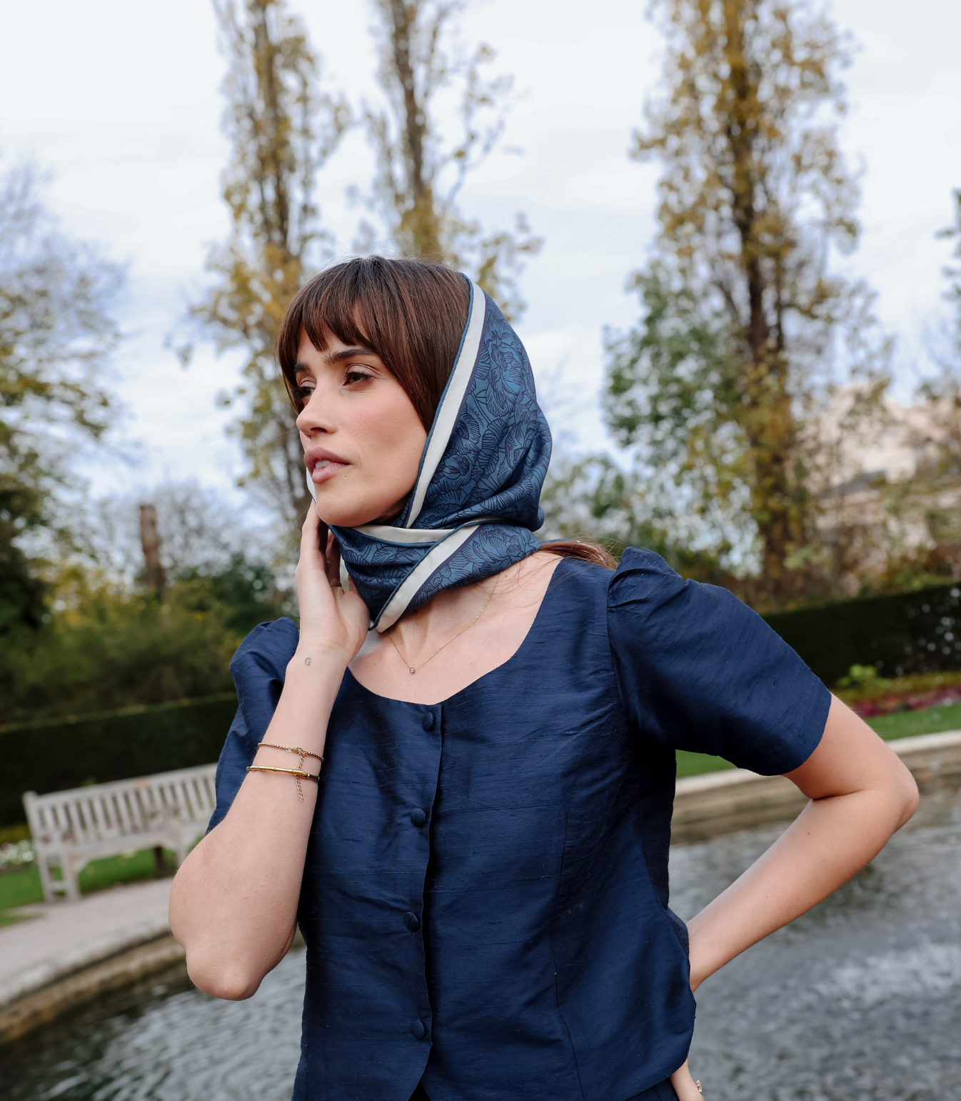 Monochrome Peonies scarf in Blue Topaz