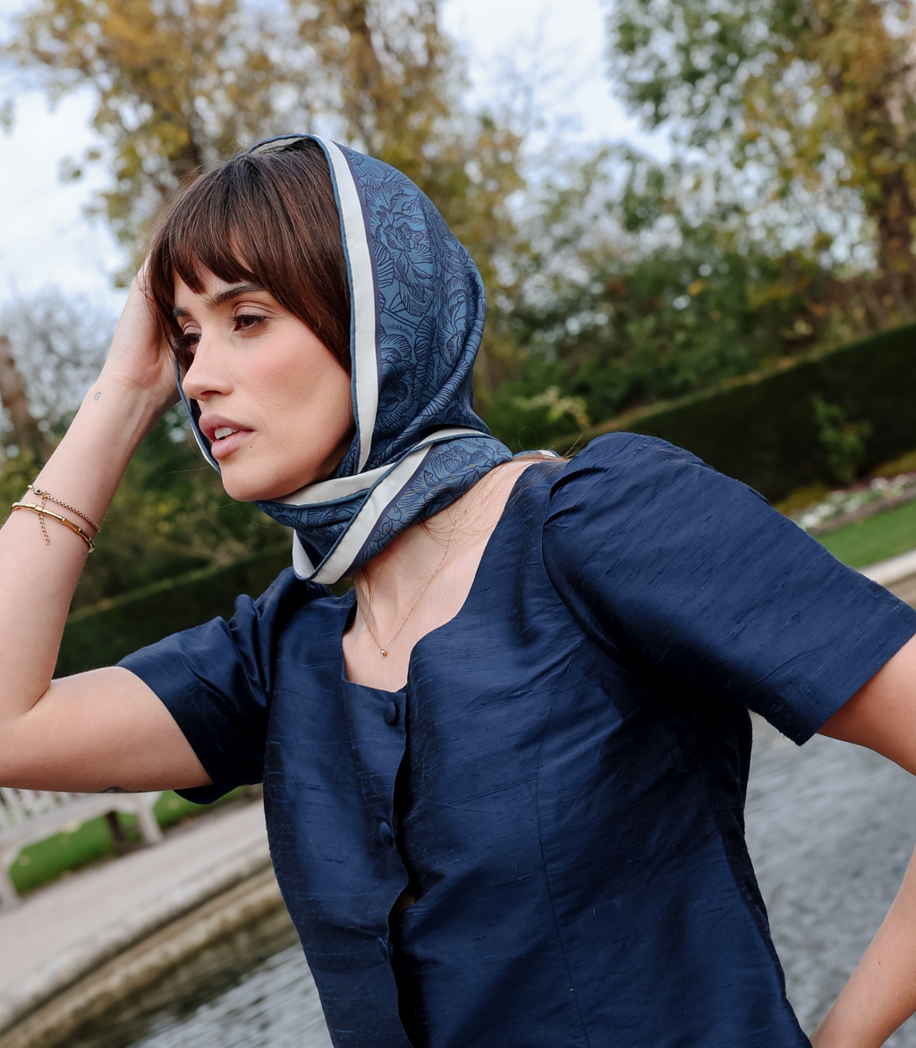 Monochrome Peonies scarf in Blue Topaz