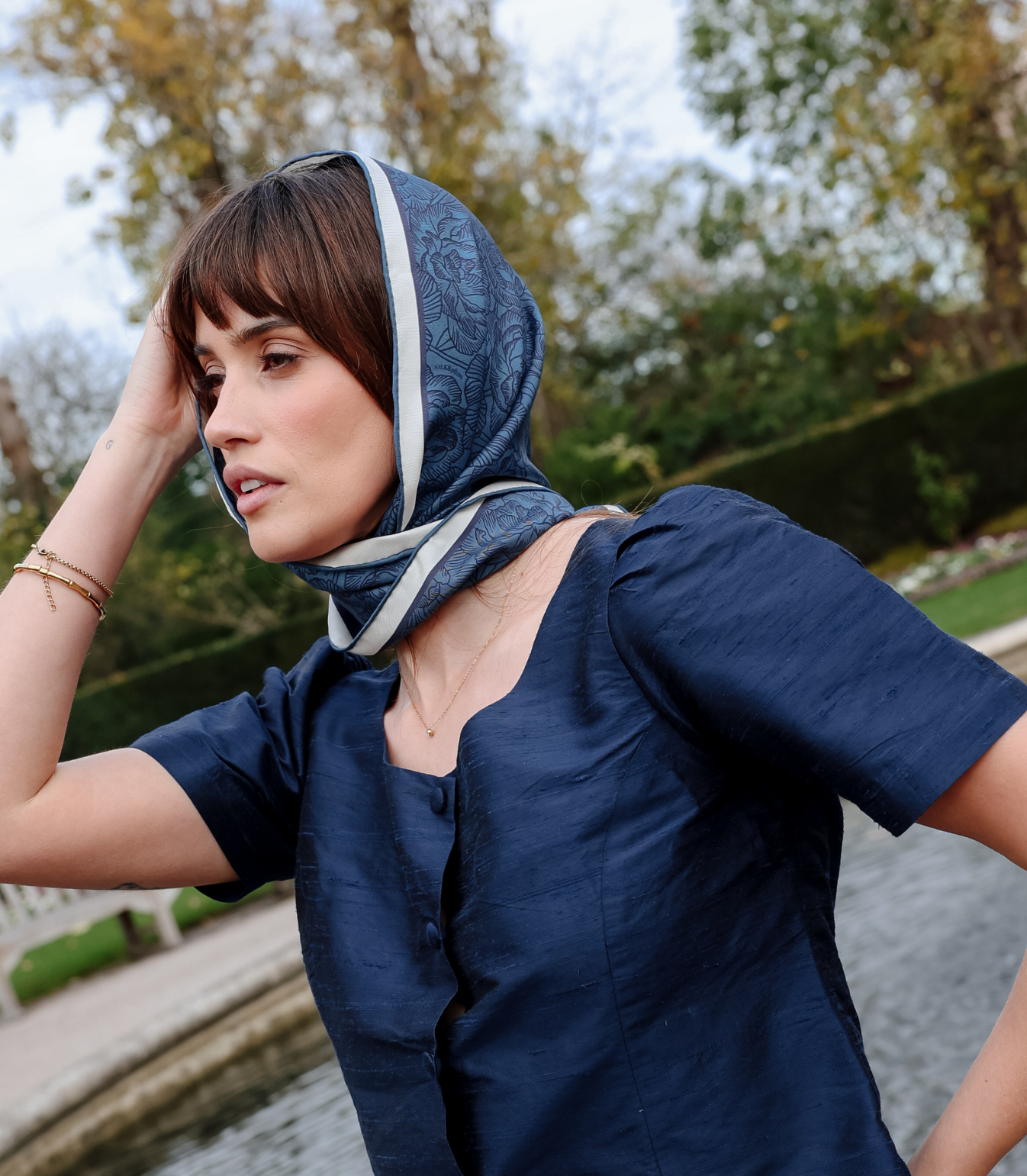 Monochrome Peonies scarf in Blue Topaz